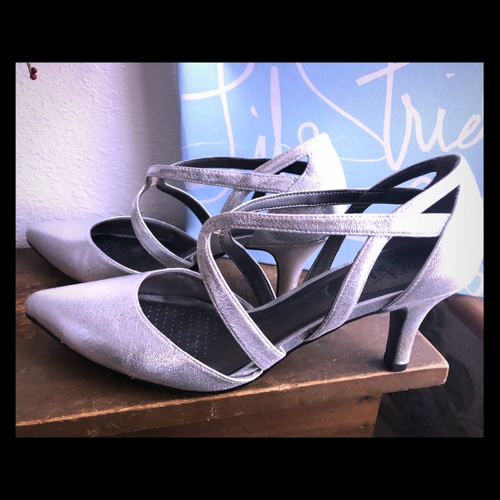 Silver open back pumps